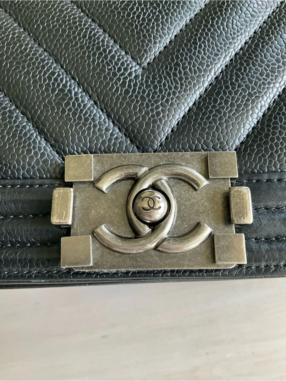 Chanel Black Caviar Chevron Large Boy Bag